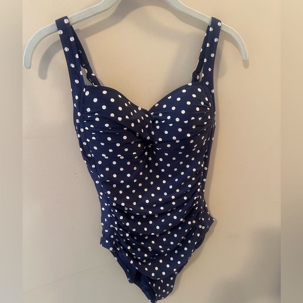 Bond-Eye Australia Swim Suit Front Twist One Piece in Navy Blue Polka Dot size 6